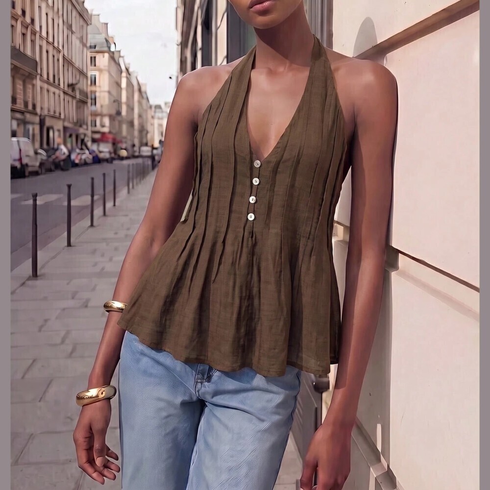 Olive Brown Pleated Halter Button Front Peplum Tank Top